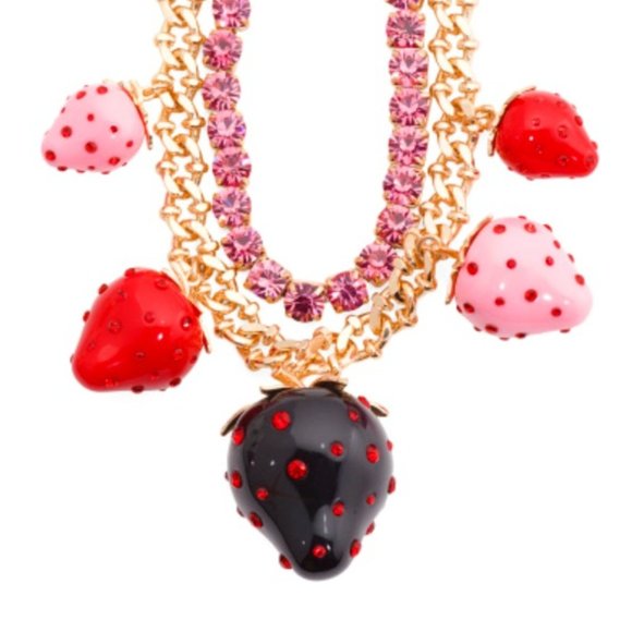 NWT Betsey Johnson Strawberry Necklace- Gold with Black, Red & Pink Strawberries - Picture 8 of 10
